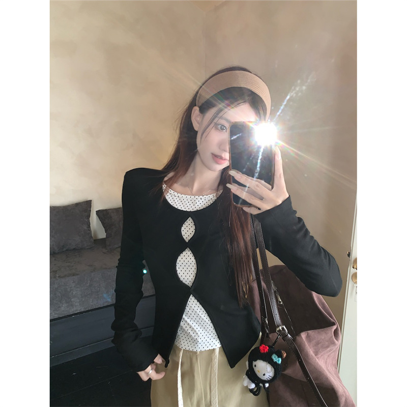 韩系设计感镂空假两件T恤女2025秋季新款修身显瘦波点长袖上衣潮|undefined