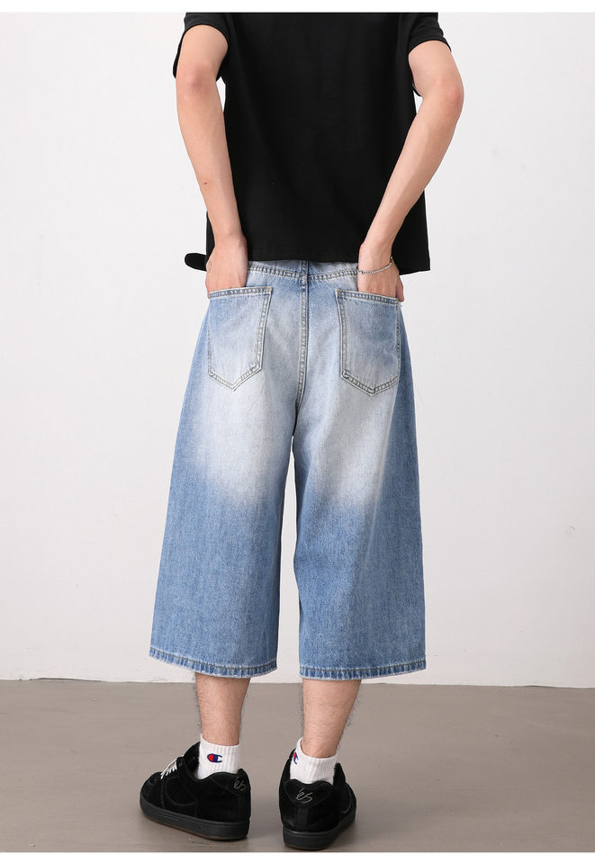 Quần short jeans nam ống rộng dáng lửng phong cách retro giặt mài — Màu xanh dương, Xanh nhạt chi tiết 11