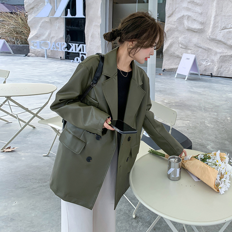 Actual shooting of new Korean loose green Pu small leather clothes women's casual handsome big pocket retro fried Street suit coat