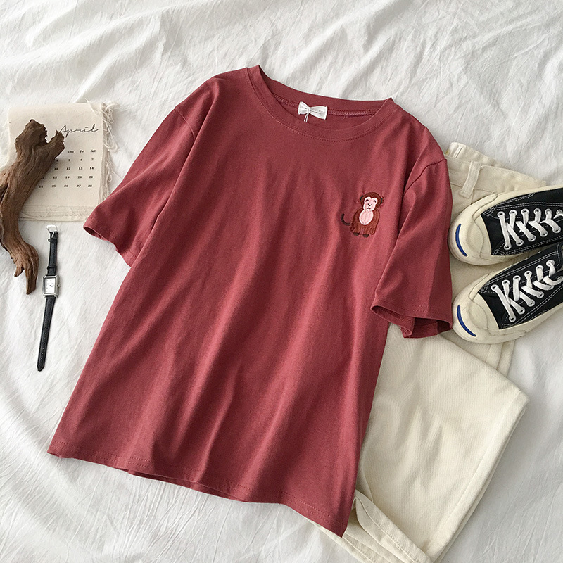Nuova maglietta sudcoreana a maniche corte da studente con ricamo a forma di animale della Corea del Sud, girocollo, abiti estivi, vestibilità ampia, per donna_voghion.com