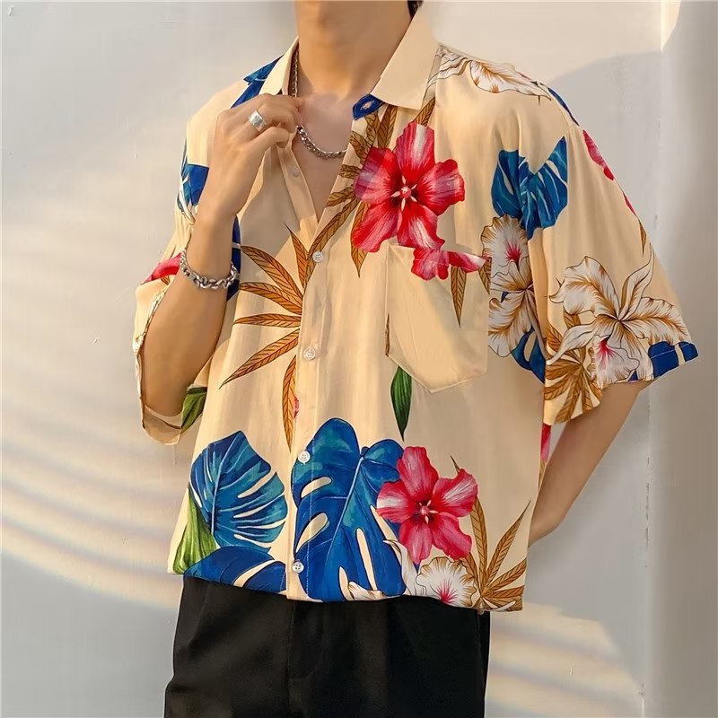 Hawaiian Beautiful Flower Series Vegetable Style Shrimp Wave Beach Style Fashion Short Sleeve Lapel Shirt