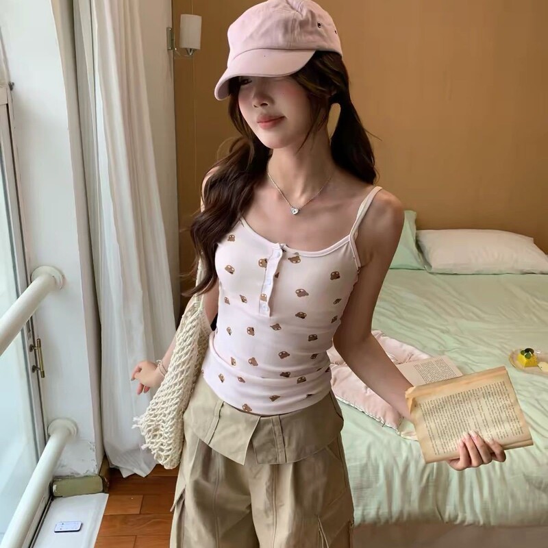 Korean-style white bear print U-neck sleeveless camisole women's top, 2026 summer new slim-fit outerwear Korean-style white bear print U-neck sleeveless camisole women's top, 2026 summer new slim-fit outerwear