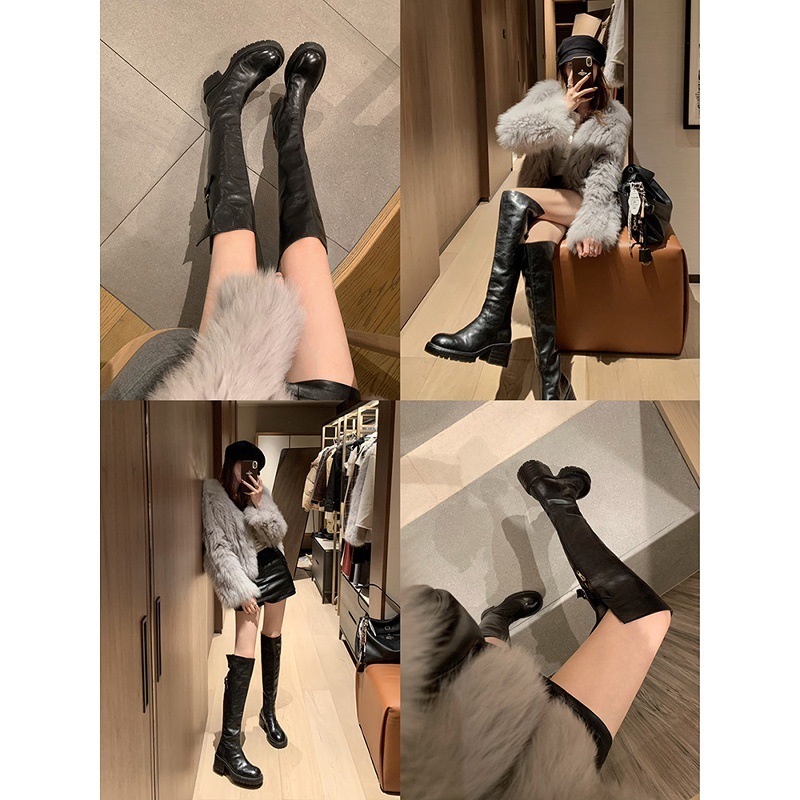 秒发牛皮~苏茵茵同款真皮长筒骑士靴女粗跟高筒瘦瘦靴过膝靴长靴|undefined