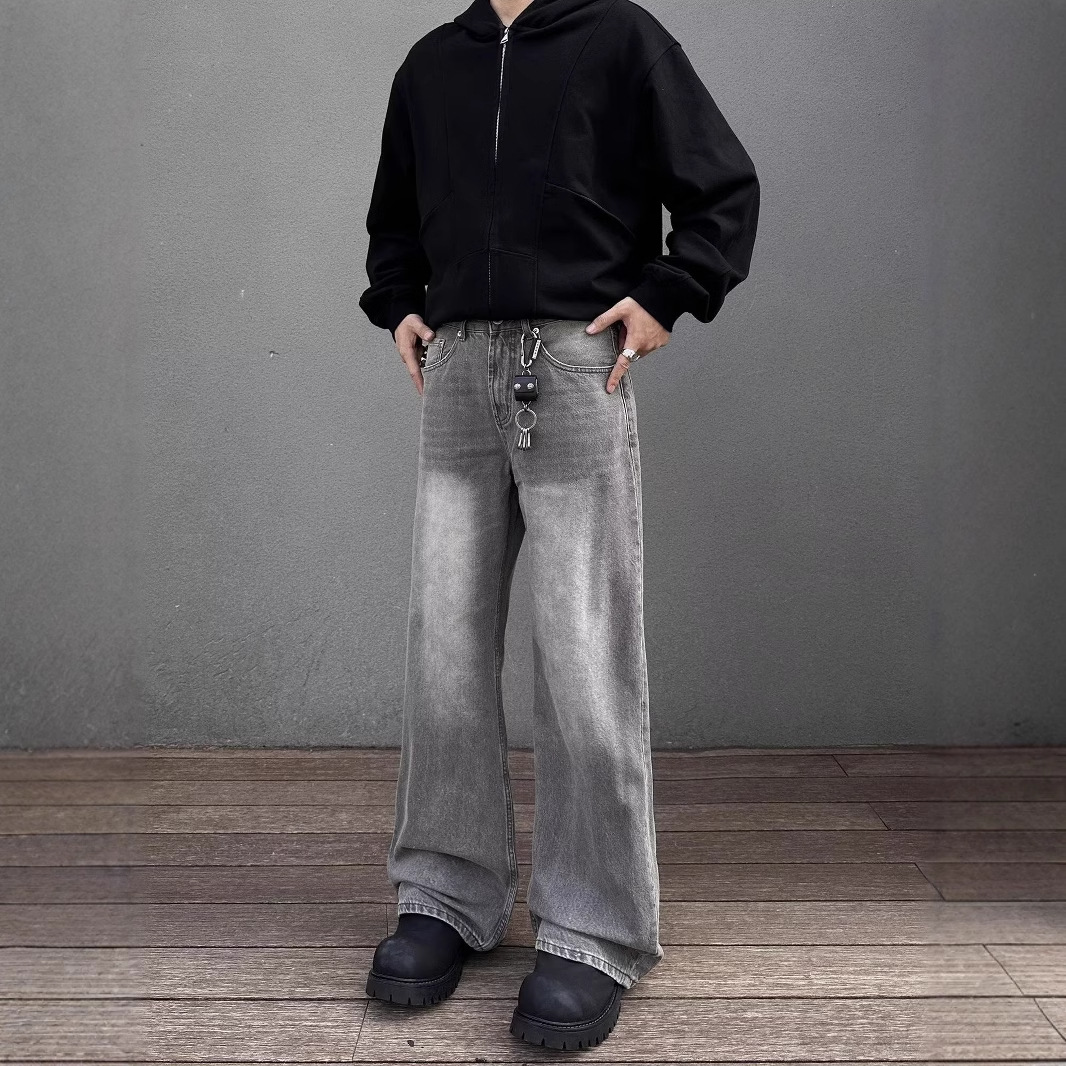 Men's Charcoal Gray Flared Jeans American Style Washed Vibe Straight Leg Loose Fit Casual Pants Mid Waist Slight Stretch_mkmklike.com