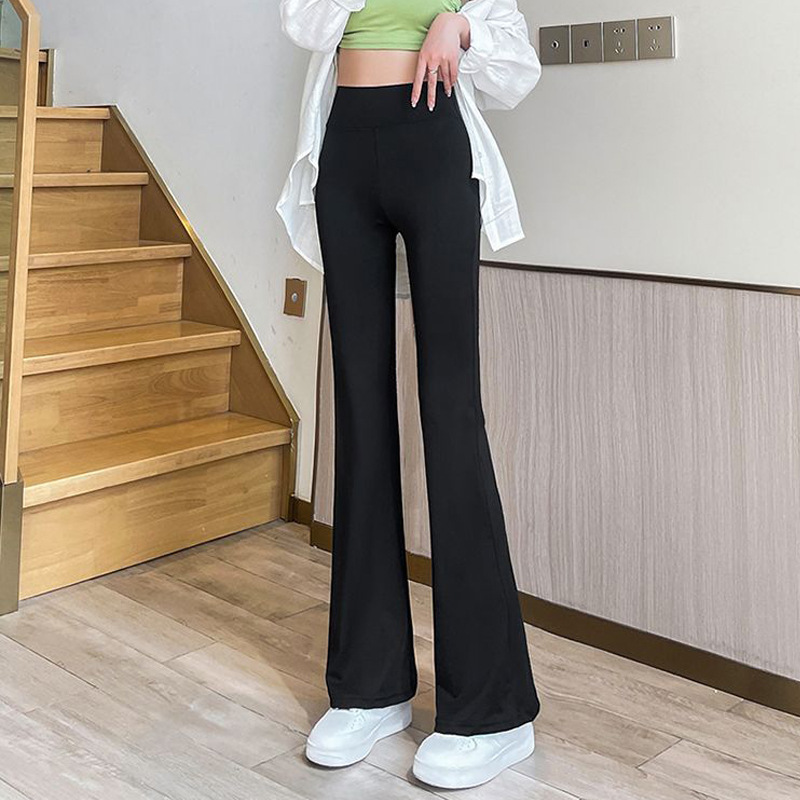 女性用ブラックマイクロフレアパンツ2024春の新作伸縮性ハイウエストタイトフィット痩身9点アウターレギンス|undefined
