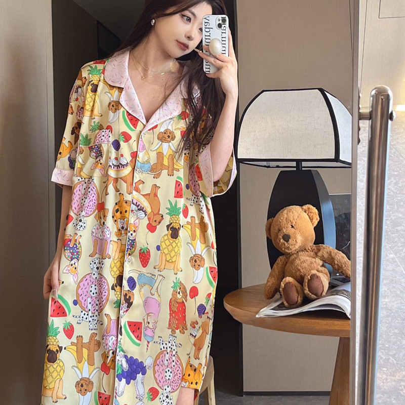 Pijama de seda de verano mujer dulce dulce dibujos animados textura de alta calidad pijama casero acento de cabello