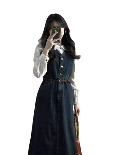 suspender dress set denim vest dress children autumn chanel style white shirt casual two-piece top