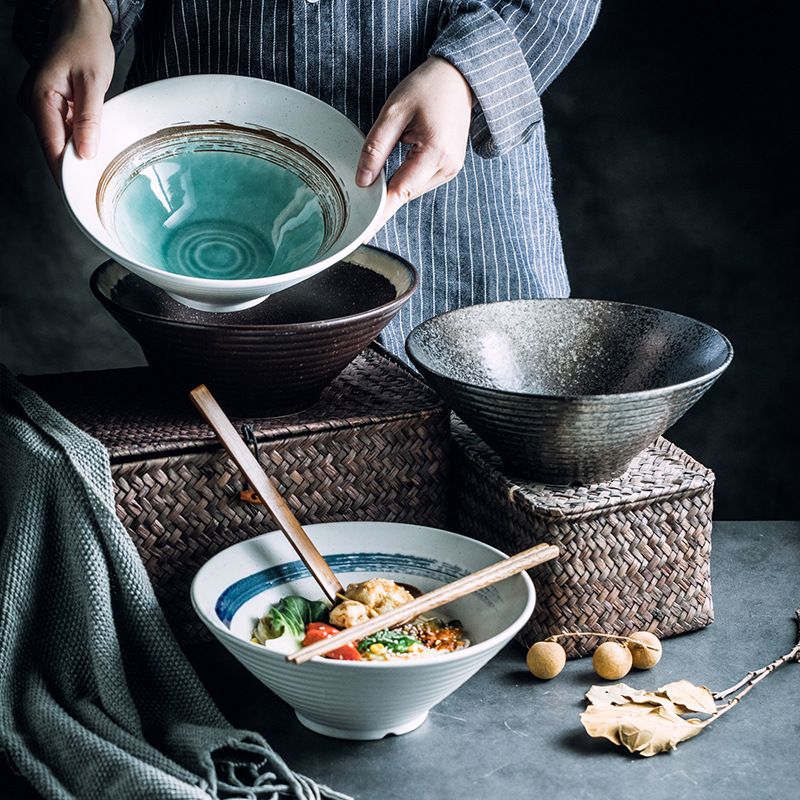 Japanese-style Ceramic Bowl Creative Ramen Bowl Household Soup Noodles Large Bucket Bowl Commercial Horn Bowl Tableware suit Wholesale Japanese-style Ceramic Bowl Creative Ramen Bowl Household Soup Noodles Large Bucket Bowl Commercial Horn Bowl Tableware suit Wholesale