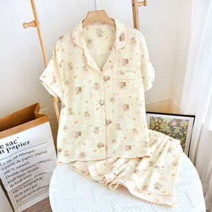 New Summer Pajamas Double-layer Yarn Pure Cotton Short-sleeved Pajamas Set Women's Floral Crepe Home Clothes Set for Hair