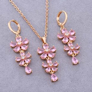[Set] High-quality, light and luxurious pink zircon electroplated copper micro-set earrings and necklace set combination