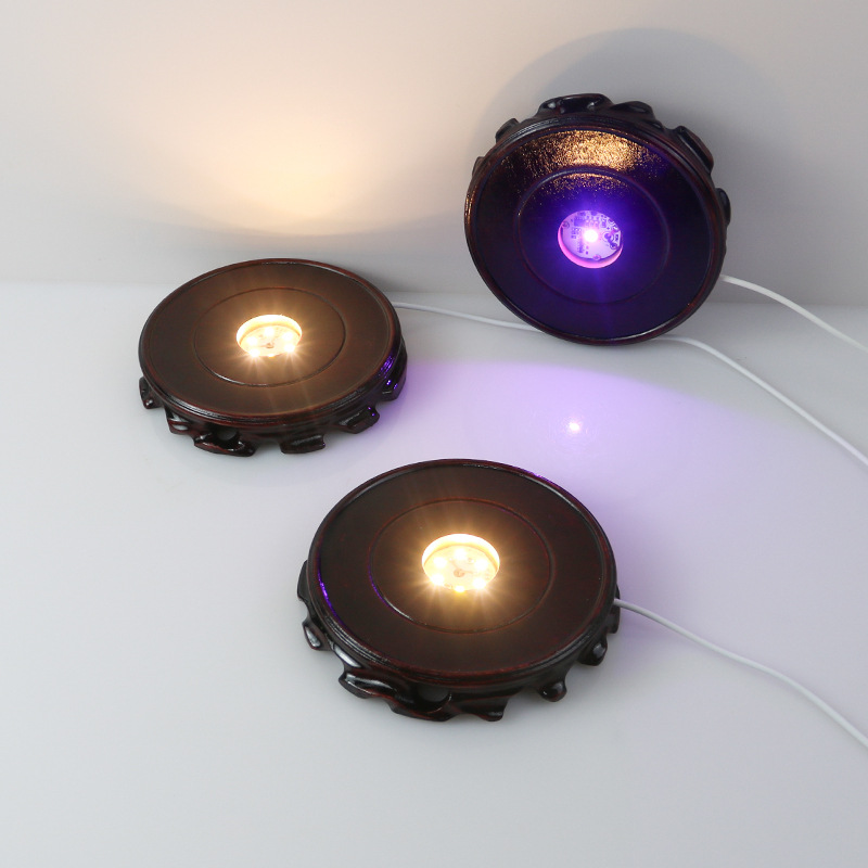 圆形根雕底座仿红木实木发光灯座水晶球小夜灯佛像茶壶花瓶鱼缸托