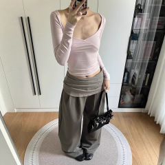 粉色V领正肩长袖t恤女2025新款早秋修身显瘦内搭打底衫上衣潮