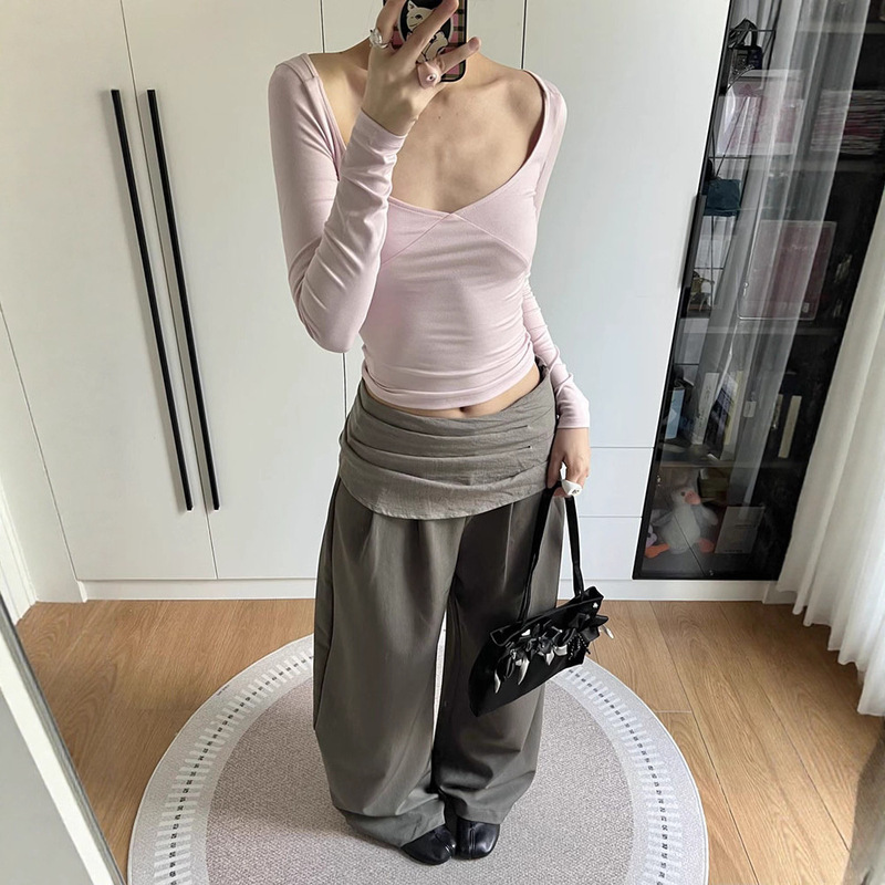 Pink V Neck Right Shoulder Long-Sleeved T-Shirt for Women 2025 New Early Autumn Slimming Look Inner Layering Shirt Top Trendy