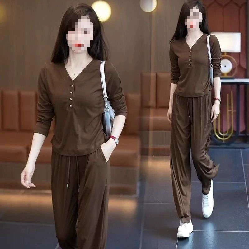 Весенний и осенний новый модный повседневный набор для женщин с уменьшением возрастного воротника с тонкими прямыми брюками набор из двух частей
