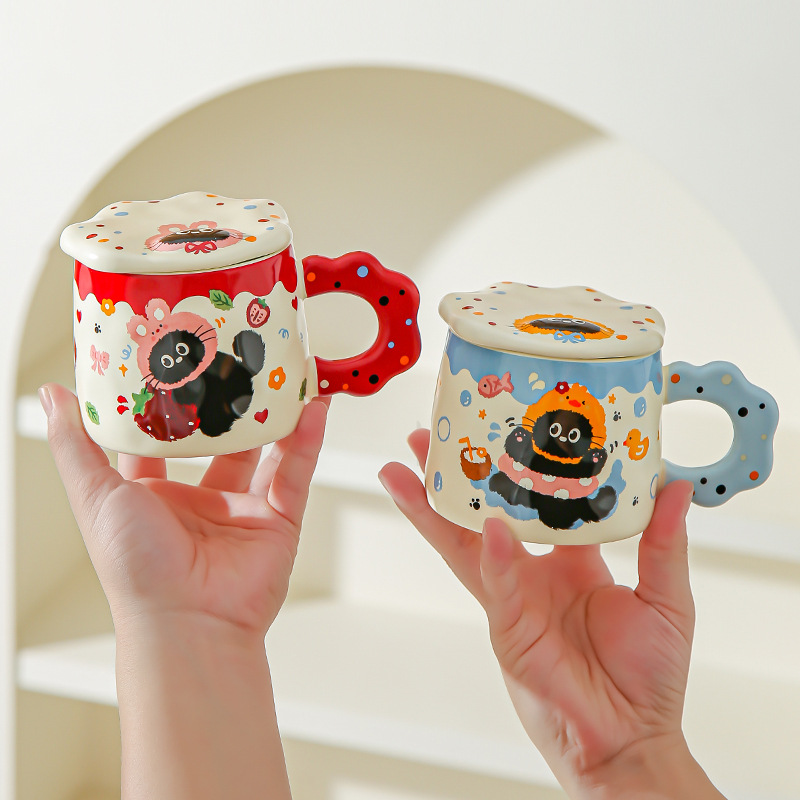 Con cubierta encantador conjunto de dibujos animados gato negro tazas de alto valor pareja tazas de cerámica tazas de agua marca regalo acompañante