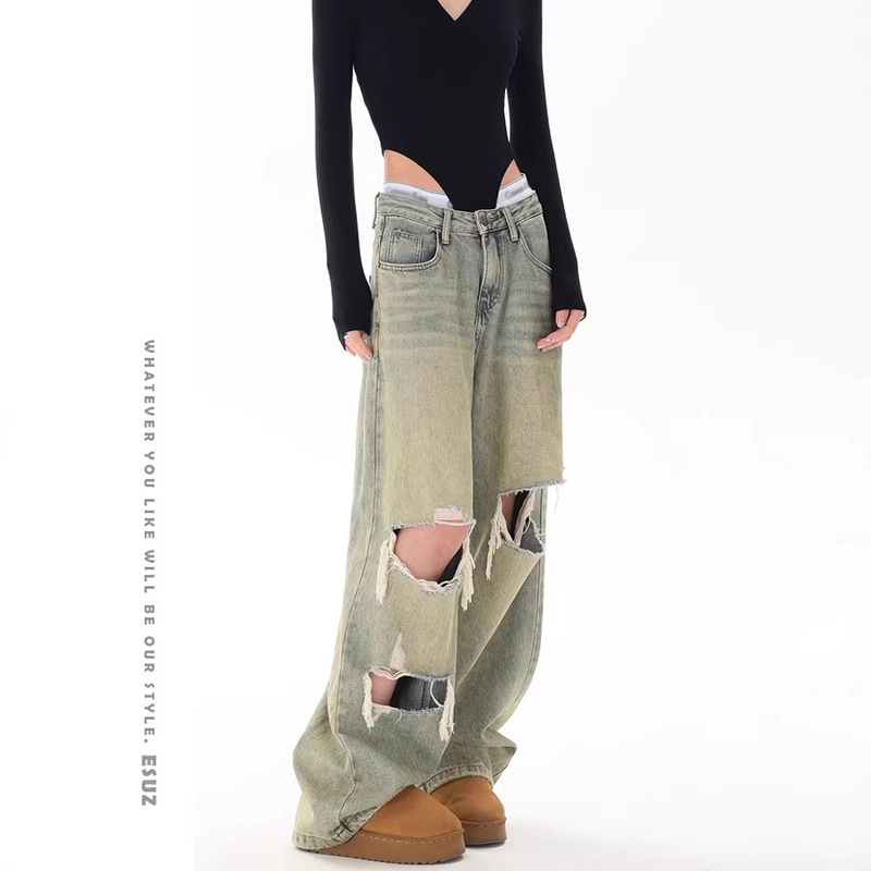 2026 Spring and Autumn European and American High Street Style Washed Vintage Knee-Hole Slim-Fit Straight-Leg Jeans for Women Trendy Style
