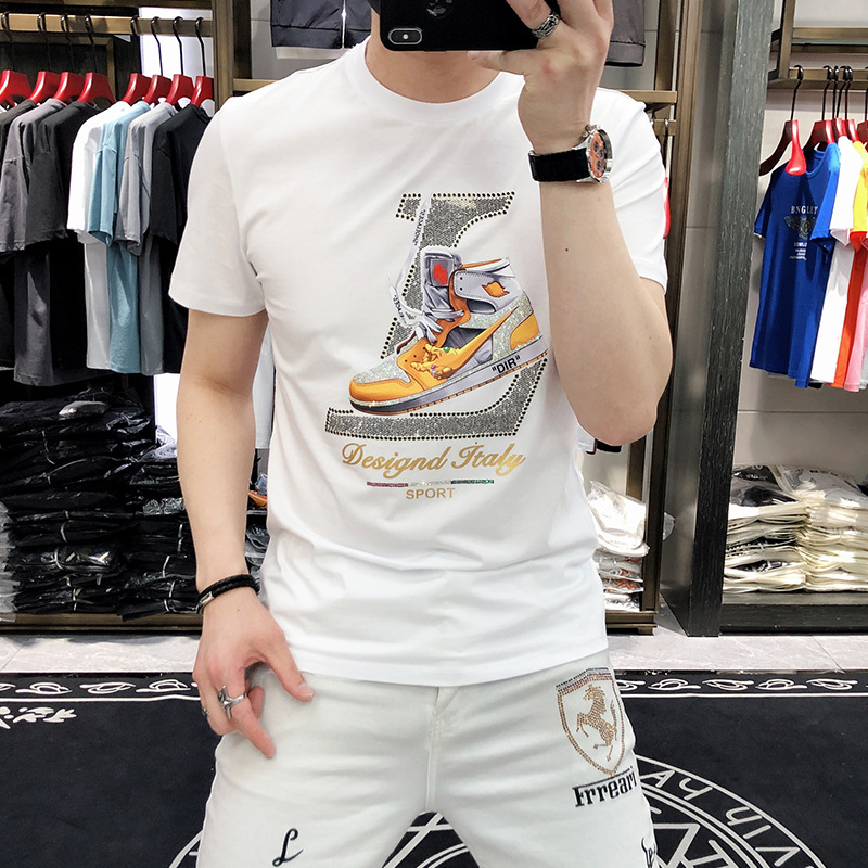Sommer Neue Herrenmode Marke Schuhe Drucken Heißer Diamant Brief Slim Fit Baumwolle Trendy Kurzarm T-shirt_voghion.com