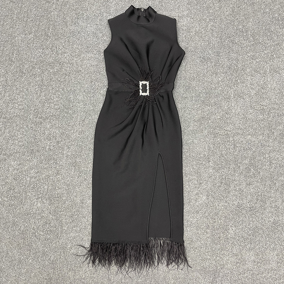 Spot 2022 Summer Dress New Korean Style Temperament Waist Slim Split Black Feather Professional Dress Fashion Female