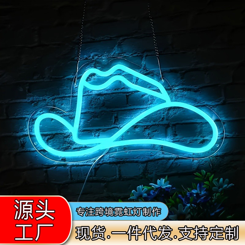 跨境新款LED牛仔帽霓虹灯西部风情装饰造型灯餐厅主题派对背景灯