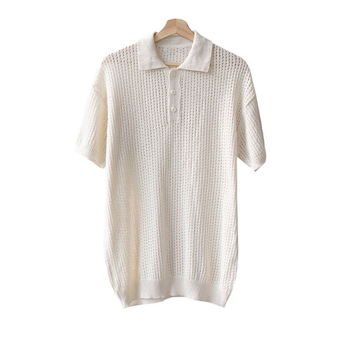 Hollowed-out knitted short-sleeved Polo shirt men's summer Korean loose all-matching retro solid color half-sleeve lapel T-shirt