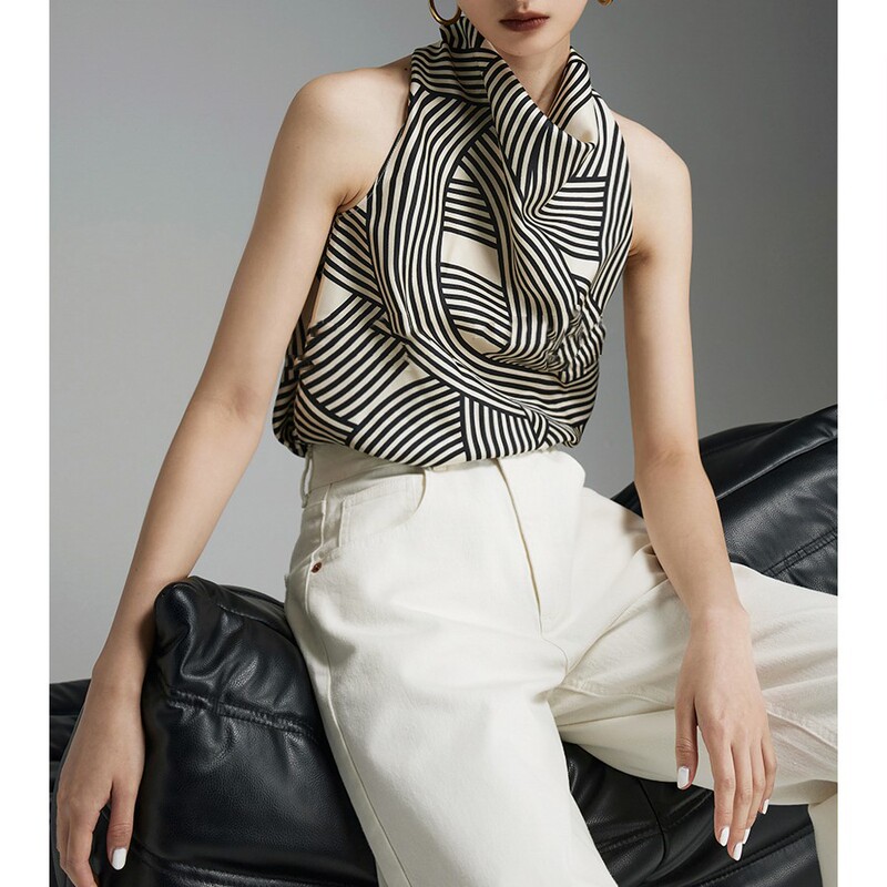 Spring and Summer New Style Printed Roman Line Pattern Twill Printed Halter Neck Sexy Camisole for Women