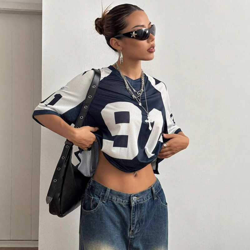 Cross-border American Hot Girls Sports Digital Printing Contrast Color Stitching Mesh Short-sleeved T-shirt Jersey Y2K Loose Top