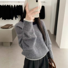 韩系圆领条纹慵懒插肩袖复古针织衫女士秋冬宽松显瘦套头长袖毛衣
