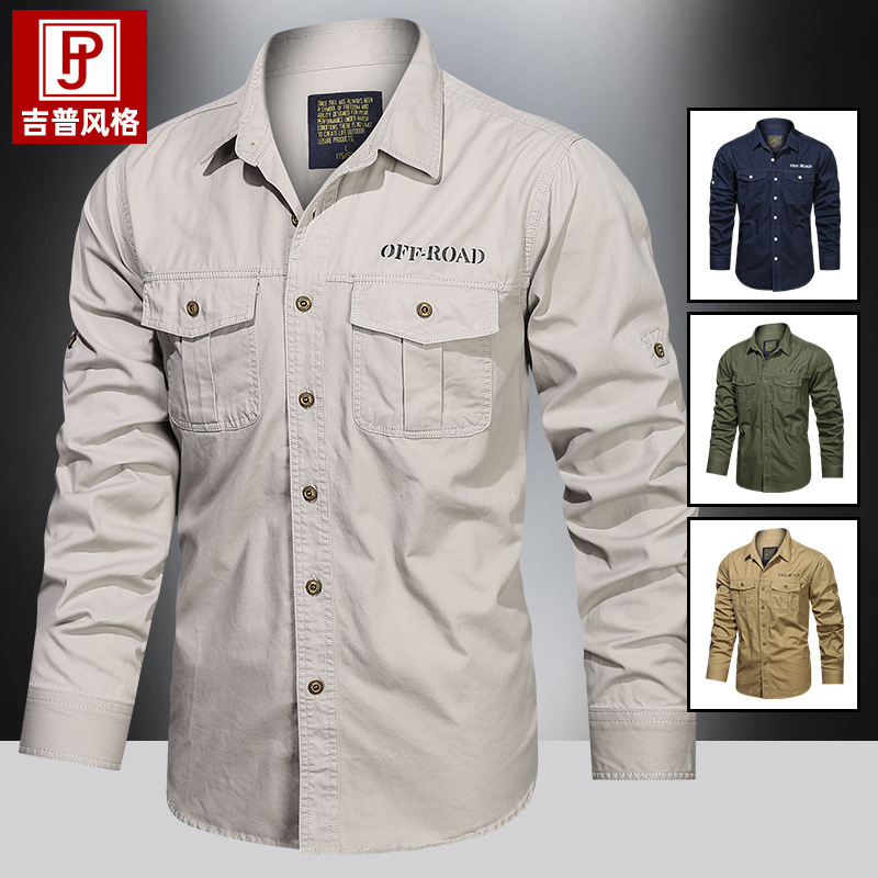 Autumn New Multi-Pocket Military Long-Sleeved Shirt Men's plus size Casual Pure Cotton Work Shirt Young and Middle-aged Jacket