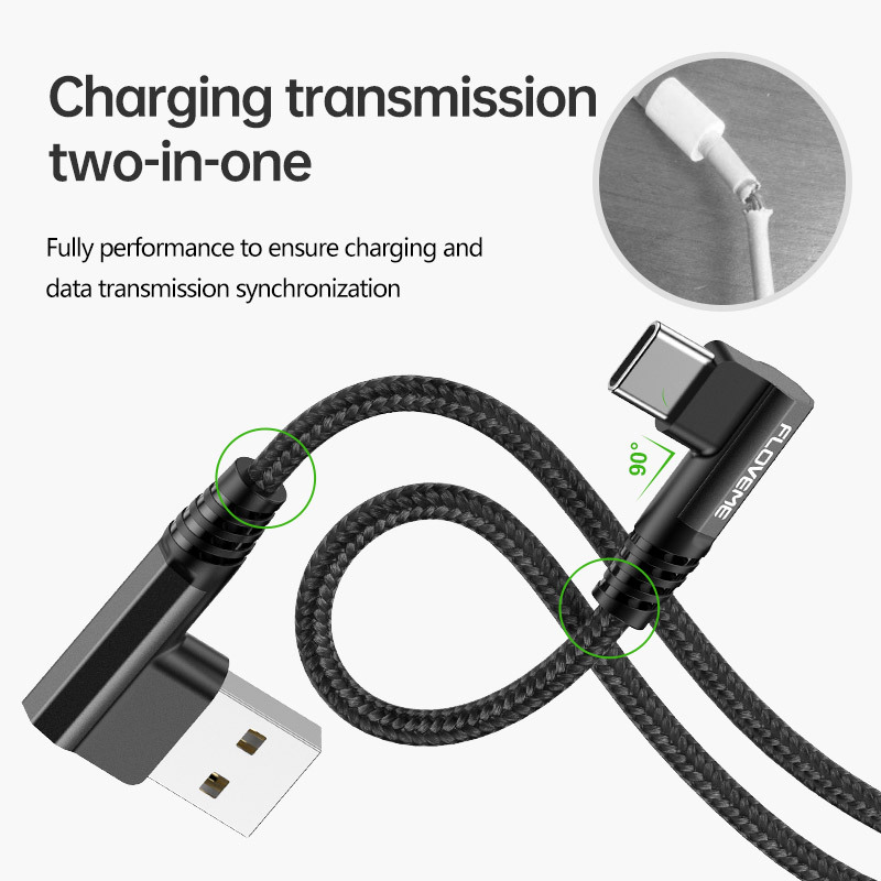 Double elbow game charging dual port Micro to male cable, mobile phone 5V2A woven data transmission cable_voghion.com