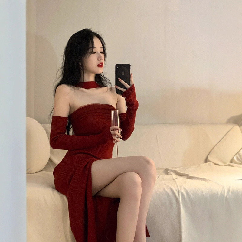 Red Christmas Outfit Halter Neck Knit Dress for Women Autumn Winter Sexy Slit Bodycon Long Dress Red Christmas Outfit Halter Neck Knit Dress for Women Autumn Winter Sexy Slit Bodycon Long Dress