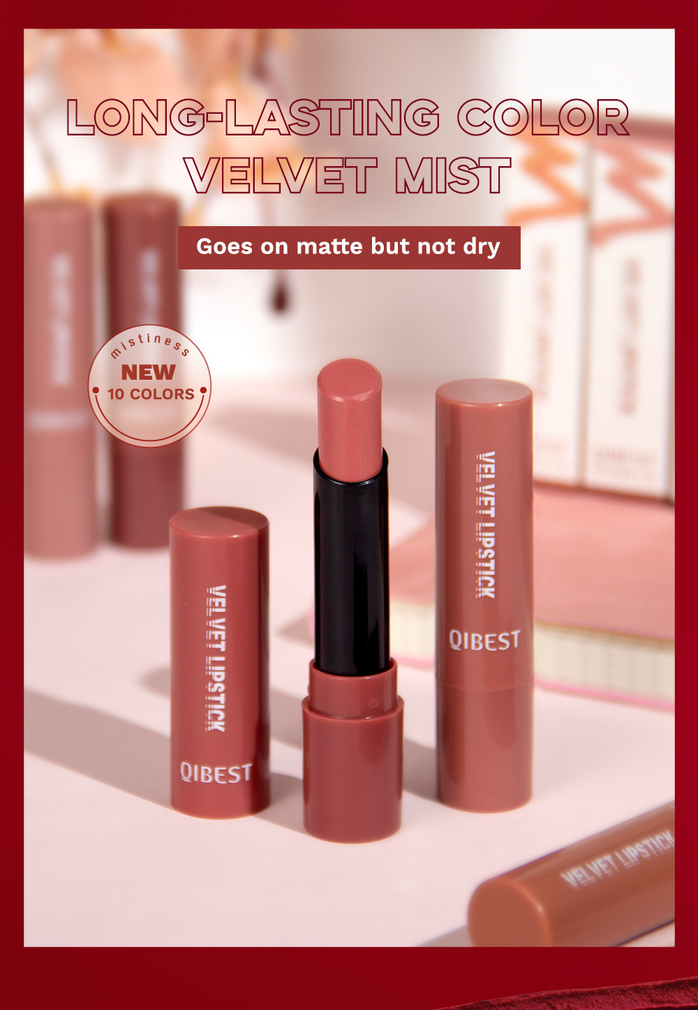 QIBEST Cross-border matte velvet matte lipstick is easy to color, does not stick to cups, does not fade, moisturizes and lasts long, and is a lipstick for makeup details Picture