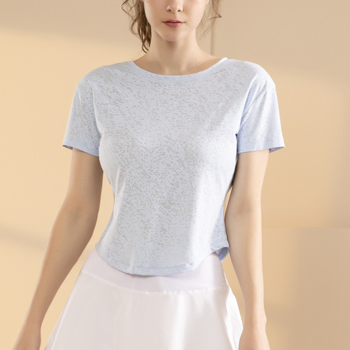 Summer New Slit Embroidered Short-Sleeve T-Shirt Loose Beautiful Back Top Slimming and Weight-Loss Quick-Drying Breathable Yoga Clothes for Women