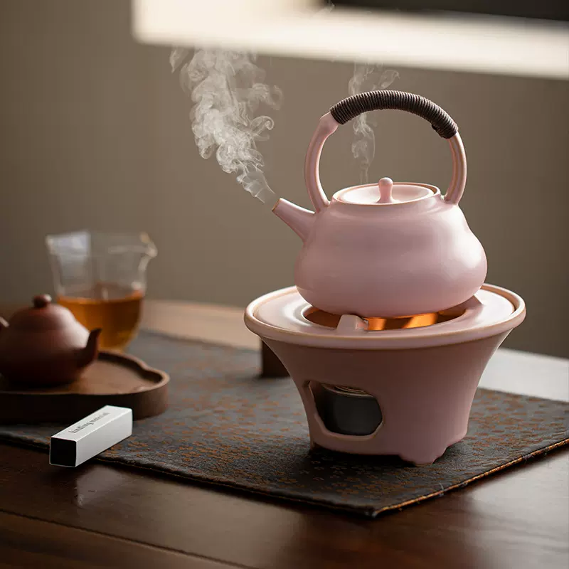 围炉煮茶套装烤奶罐壶室内酒精炉底座煮茶器陶壶侧把提梁茶壶粉色