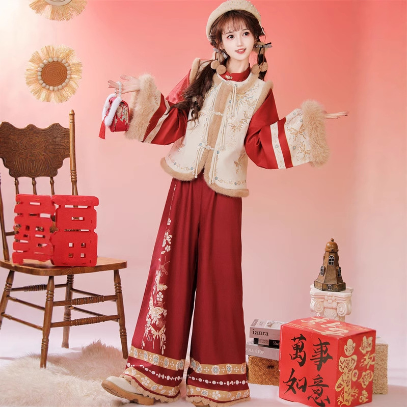 Original New Chinese Style Han Dynasty Women's 2025 New Winter Velvet Improved Song Pants Suit That Can Be Worn Daily at Work