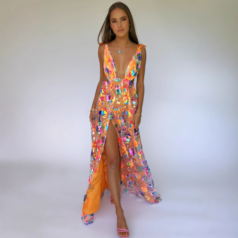 2022 Cross-border Hot Sale Deep V Backless Sequin Floral Lace-up Women's Sexy Split Long Dress 2022 Cross-border Hot Sale Deep V Backless Sequin Floral Lace-up Women's Sexy Split Long Dress