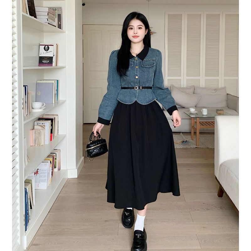 2024 New Autumn Clothing Plus Size Women's Fat mm Slimming Look Waist Denim Top Jacket Elastic Waist Skirt Suit