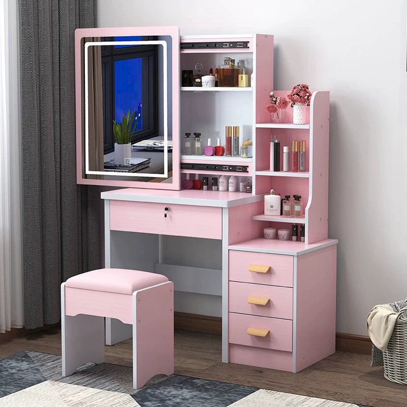 Tocador para apartamentos pequeños, montaje moderno y sencillo, espejo deslizante para dormitorio de princesa, mesa de maquillaje con panel de almacenamiento creativo.