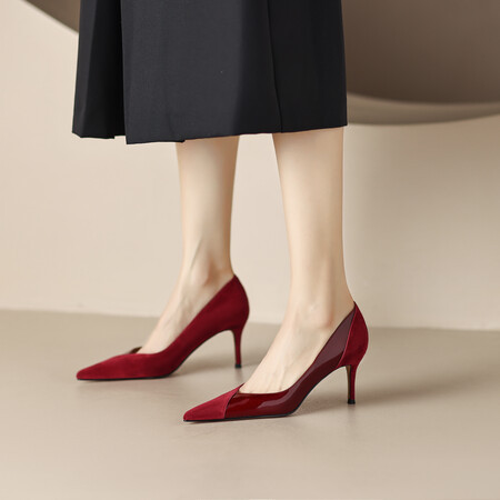 Genuine Leather Women's Shoes, New Spring and Autumn Style, Elegant Wedding Shoes, Pointed Toe, Thin Heel, Unique Design, Patchwork High Heels, Low-Top