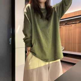 大 码韩系条纹长袖T恤打底衫女2026春季新款胖MM复古宽松百搭上衣