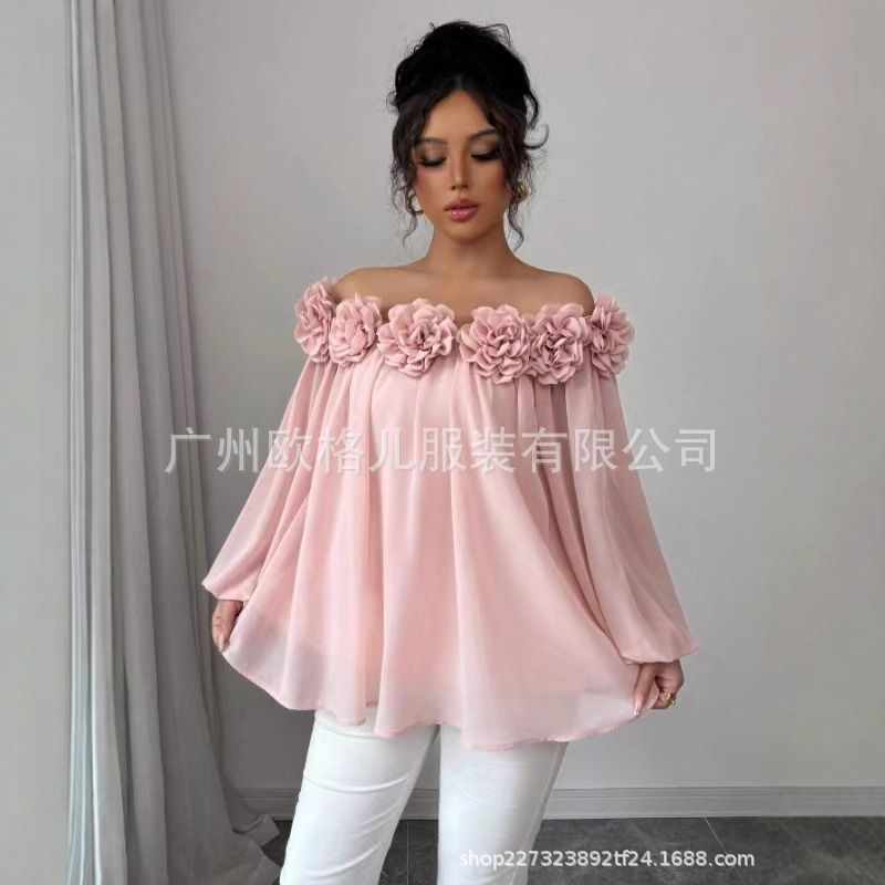 2025亚马逊跨境欧美女装 露背立体花朵蓬蓬抹胸一字肩上衣衬衣