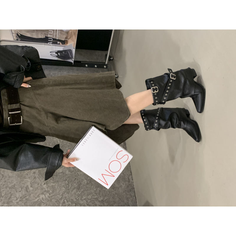 2025新款美式辣妹皮带扣裤管靴短靴女靴尖头西部牛仔靴|undefined