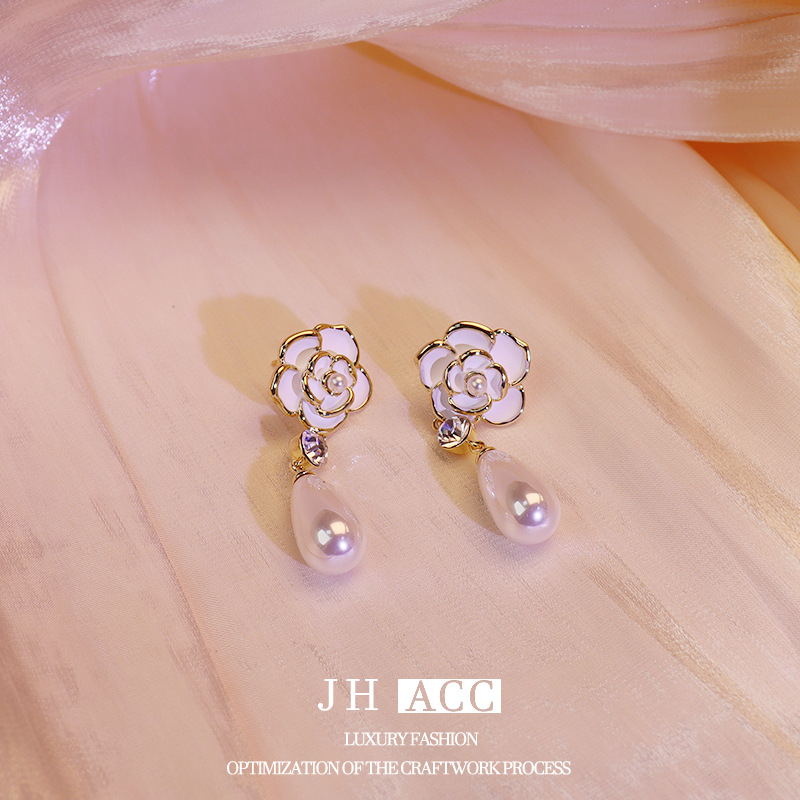 高級感復古珍珠山茶花耳釘女ins冷淡風耳環歐美長款輕奢耳飾批發