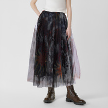 现货 明星同款不规则印花网纱高腰蓬蓬裙潮流百搭气质双层纱裙女