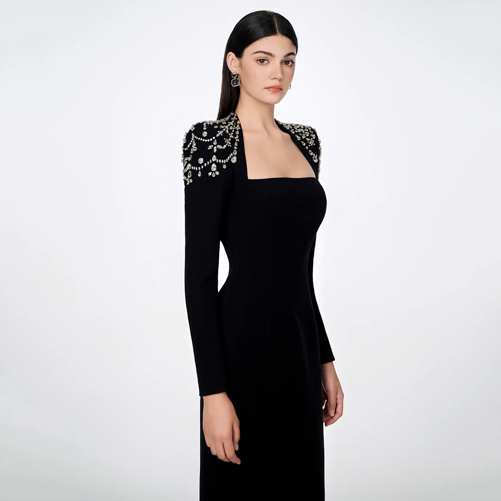 Elegant Rhinestone Embellished Bandage Dress Square Neck Long Sleeved Women's Evening Gown for Parties And Banquets European American Style_ecoleips.com