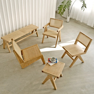 Chandigarh Rattan Chair Solid Wood Dining Chair Home Balcony Natural Real Rattan Handrail Log Book Chair Bench Square Stool