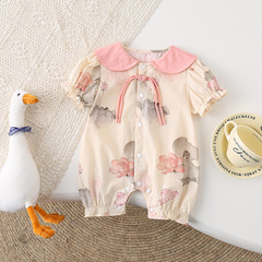 新中式嬰兒連體衣寶寶中國風印花洋氣哈衣嬰幼兒中國風短袖爬服