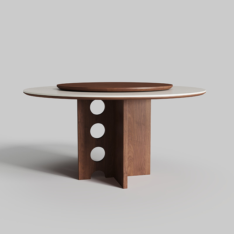 Delifon's New Solid Wood Travertine Slate Round Table French Medieval High-End Round Dining Table and Chairs with Turntable