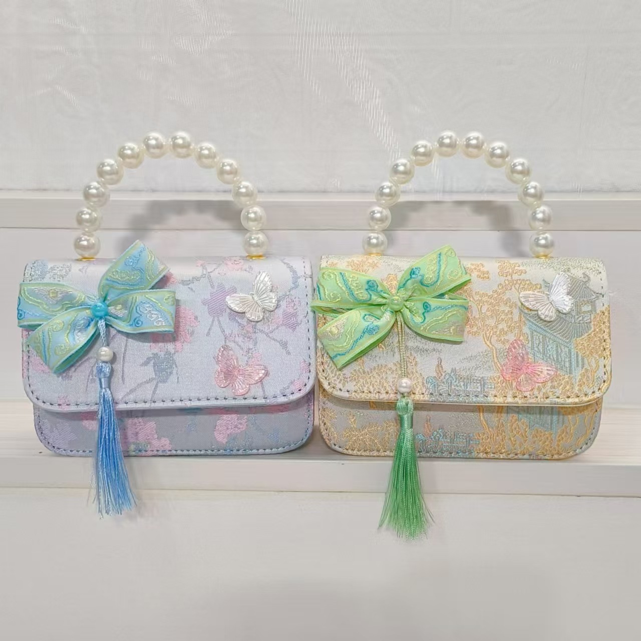 Bolsa de arco de estilo nacional de la princesa bolso de perla bolso de cadena bolso cuadrado bolso accesorios de ropa china para niños regalos de vacaciones de niñas