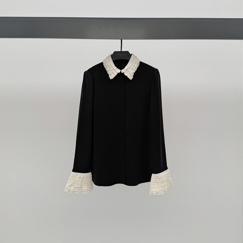 Anfiona 2026 New Style French Retro Elastic Lightweight Patchwork Color-Blocking Layered Lace Blouse for Women