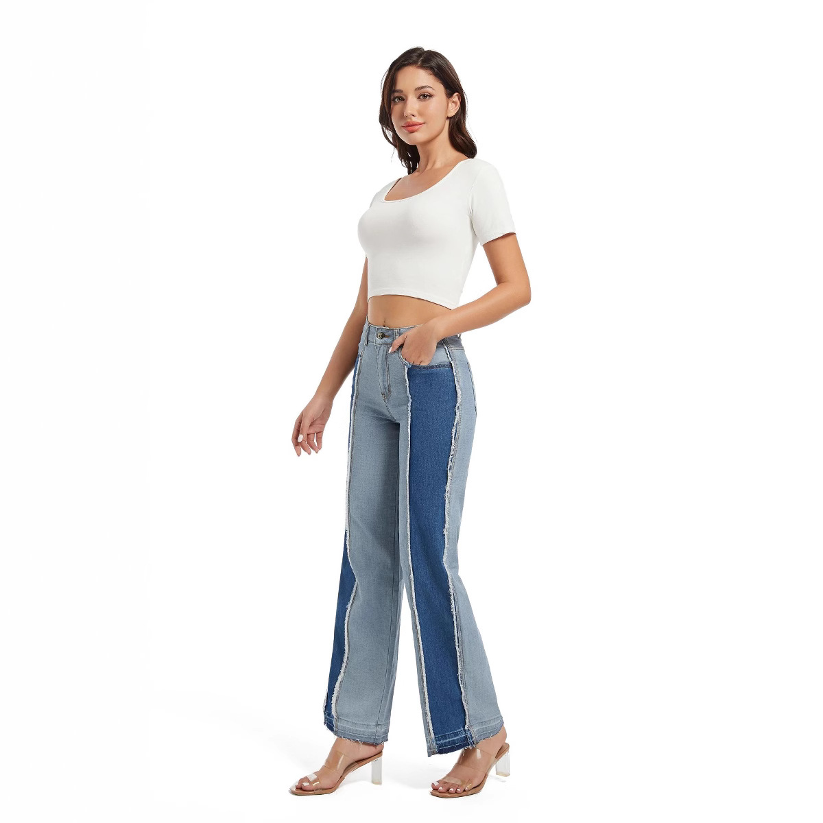 Nuevos jeans de mujer 2026 de cintura alta, con bloques de color y dobladillos deshilachados, de pierna recta, estilo europeo y americano, ajuste ceñido, elásticos, versátiles, en stock.